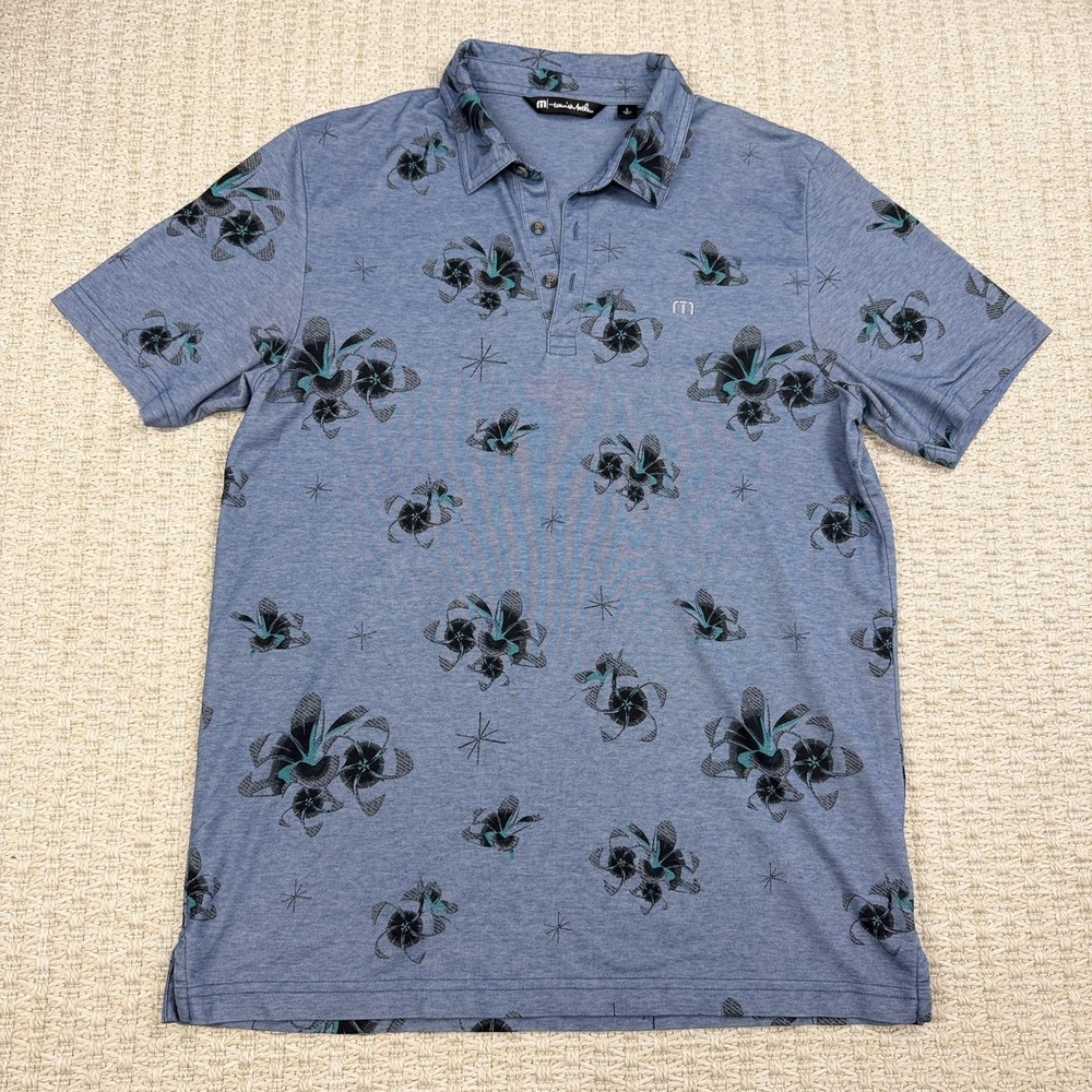Travis Mathew Polo Shirt Mens Large Blue Floral Golf Performance Pima Cotton